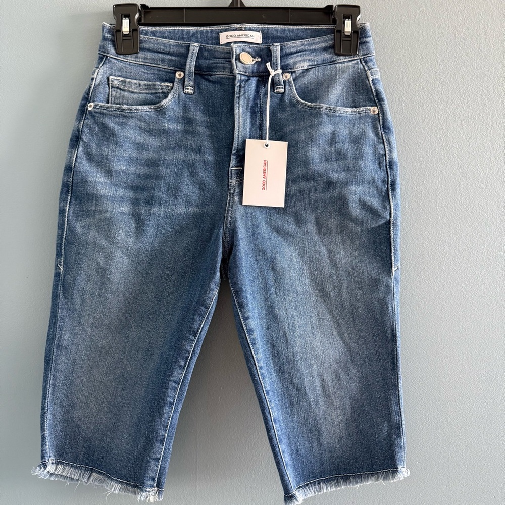 Good American Women’s Good Standard Raw Hem Denim Bermuda Shorts